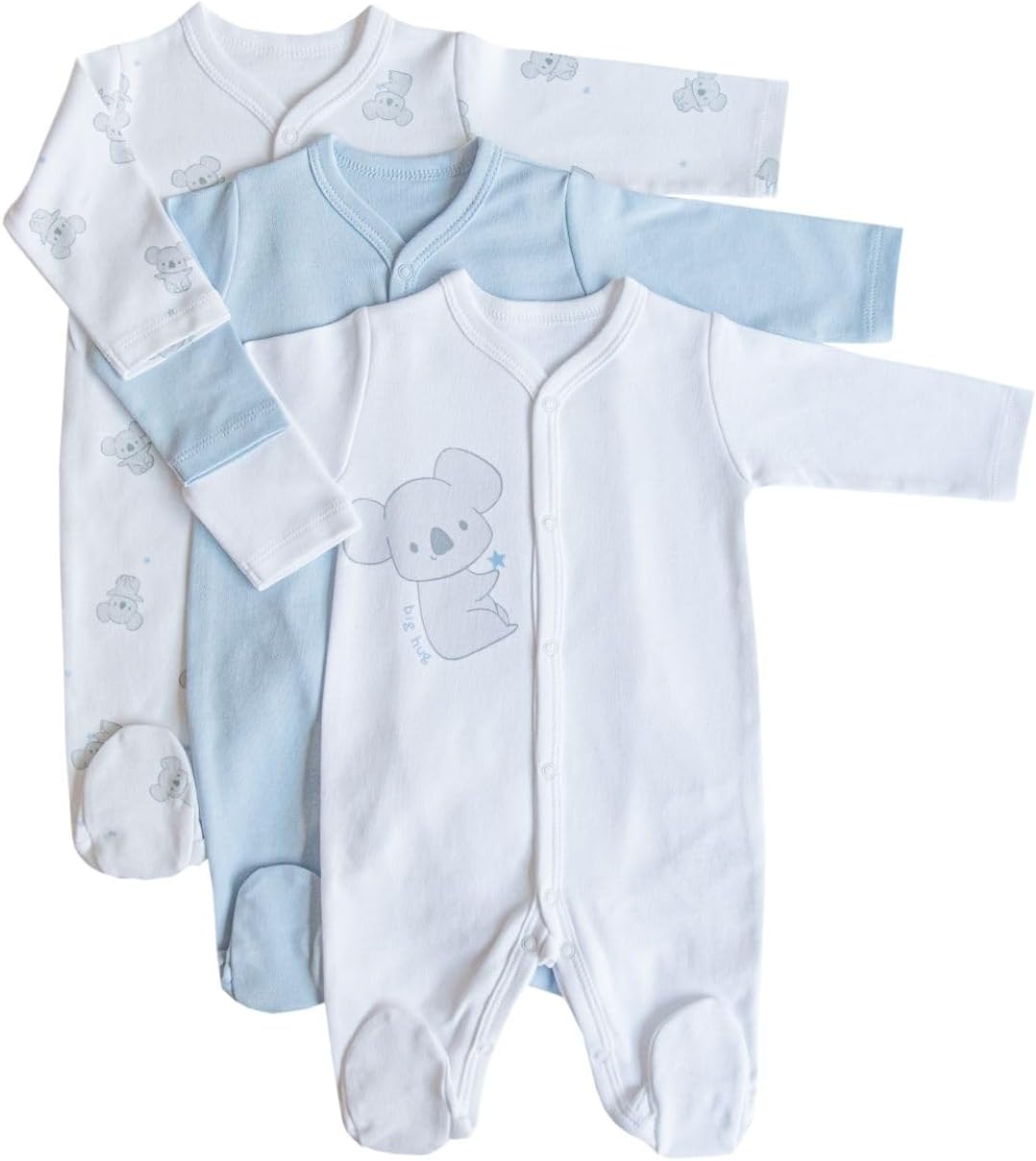 Kitikate Organic Cotton Baby Boys Footed Romper Set, 3-Pack, One-Piece Outfits with Cute Rabbit Prints