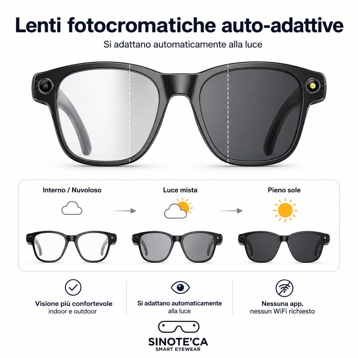 SINOTE'CA AI Smart Glasses, Occhiali Intelligenti Bluetooth con Telecamera 8MP, Lenti Fotocromatiche, Audio Open-Ear e Traduzione in Tempo Reale, per Sport e Vita Quotidiana