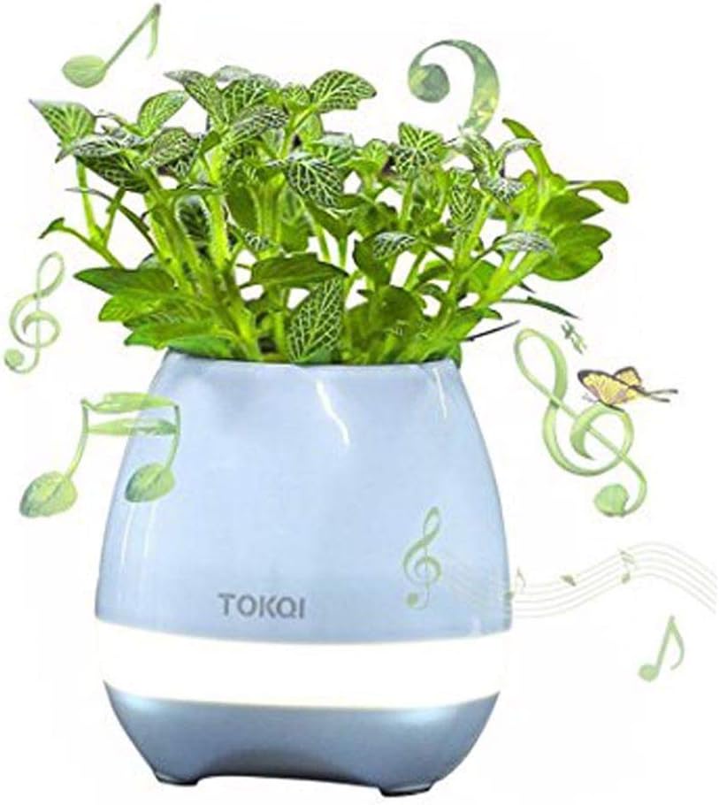 Music Flowerpot, Touch Plant Piano Music Playing Flowerpot Smart Multi-color LED Light Round Plant Pots Bluetooth Wireless Speaker whitout Plants (Blue)