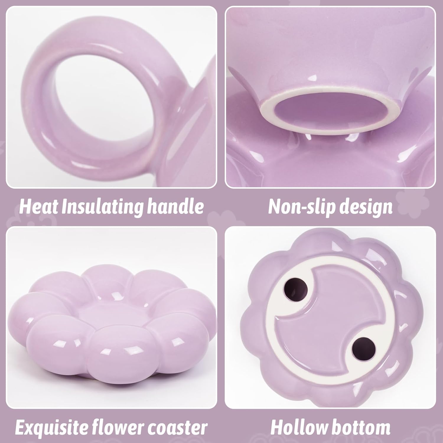 ARISKEY 10oz Coffee Mug for Women,Tea Cup and Saucer Set with Spoon,Perfect for Latte and Milk,Dishwasher and Microwave Safe,Suitable for Mom,Light Lavender - Image 3