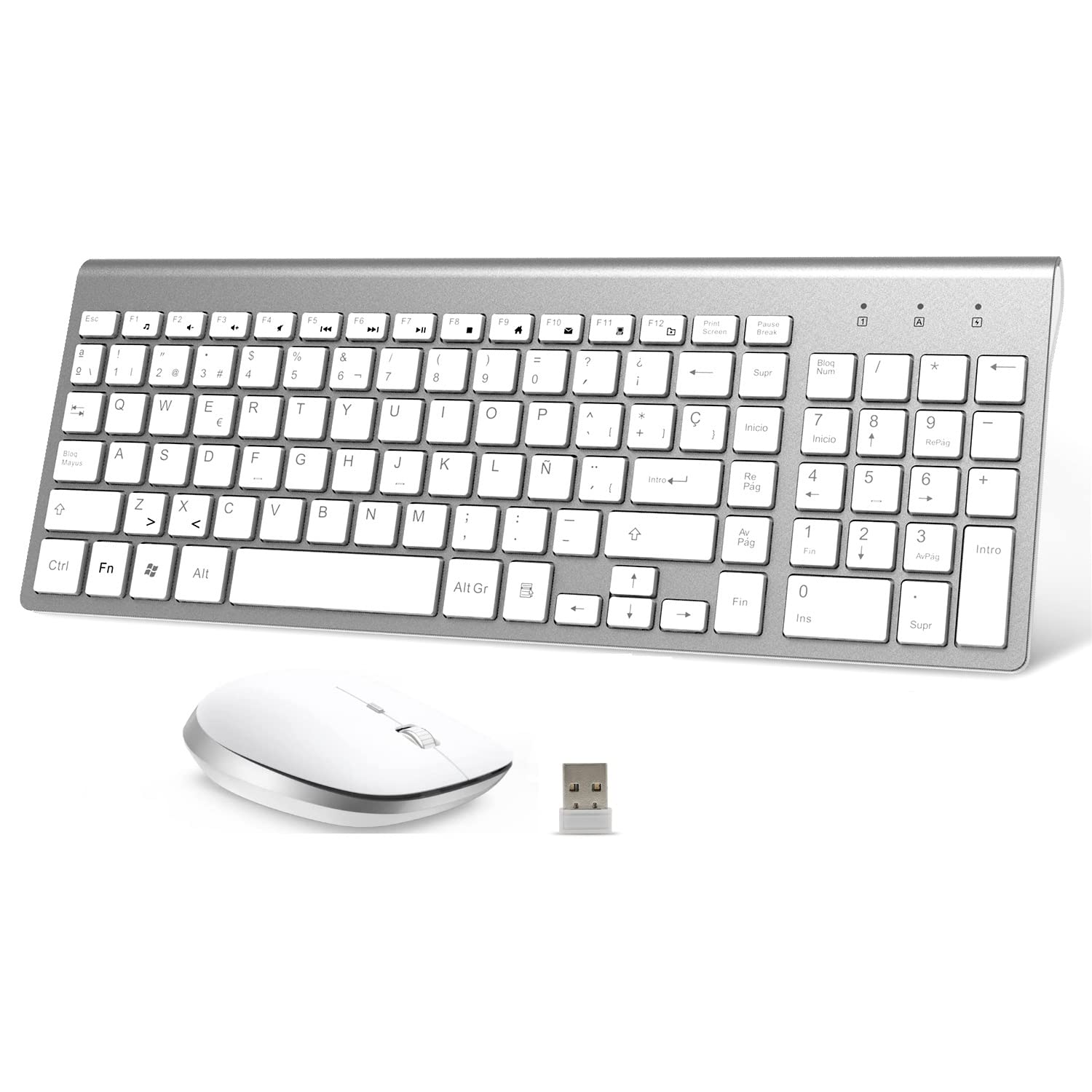 Teclado y Ratón Inalámbrico - QWERTY Español Compactom Ergonómico, Portátil para PC/Laptops/Smart TV - Blanco