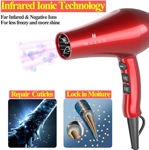 Miniatura 2 de Wazor Secador de pelo infrarrojo ligero con difusor 1875 W profesional negativo iónico secador de pelo potente de cerámica con concentrador, nariz