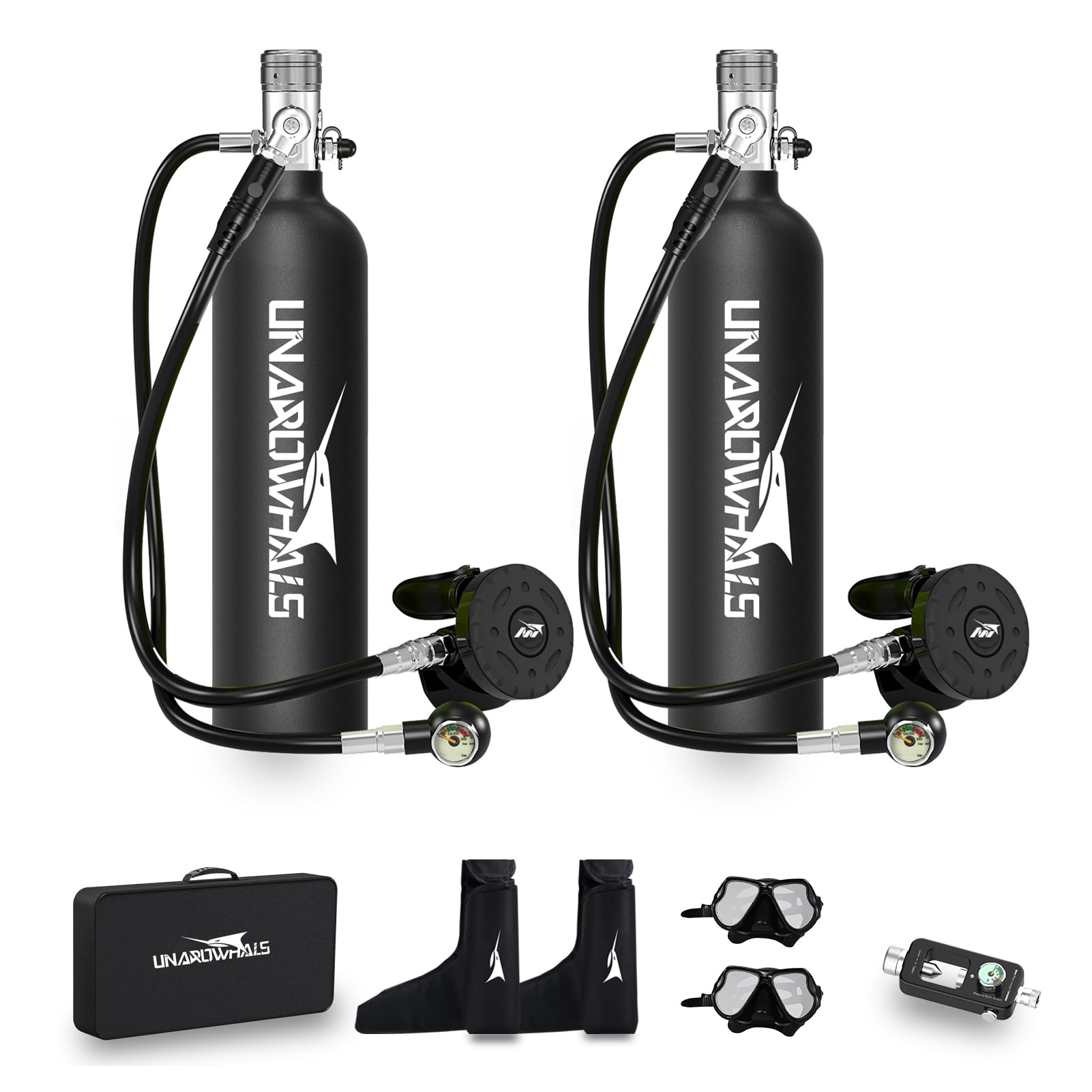 Mini Scuba Tank 1L, 3000 PSI Portable Diving Tank with Extended Pressure Gauge, DOT & CE-EN250 Certified, 15–20 Minutes Underwater Breathing for Snorkeling & Exploration