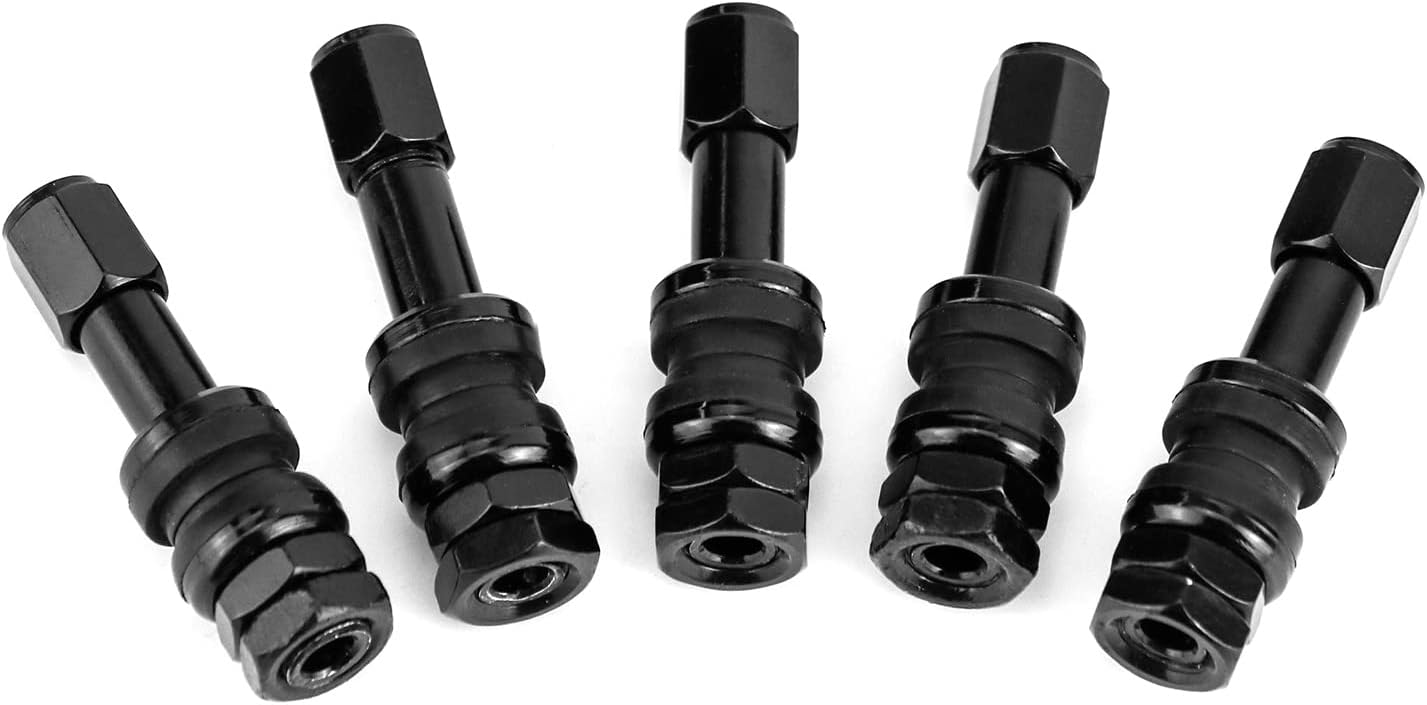 QWORK Tubeless Metal Clamp-in Tire Valve Stems 5 Pack, VS43/TR43E 0.453 in Rim Hole, 43mm Low Profile, Black Finish, Up to 65 PSI