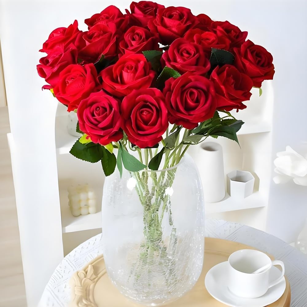 Artificial Roses 50 Pcs Velvet Silk Rose Real Touch Long Stem Fake Flowers in Bulk for Flower Arrangement Wedding Centerpieces Home Party Decor (Red)