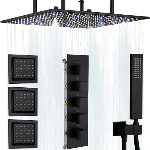AYIVG Sistema de ducha de lluvia negro mate LED de 16 pulgadas, sistema de ducha termostático con 3 chorros de pulverización corporal que se puede