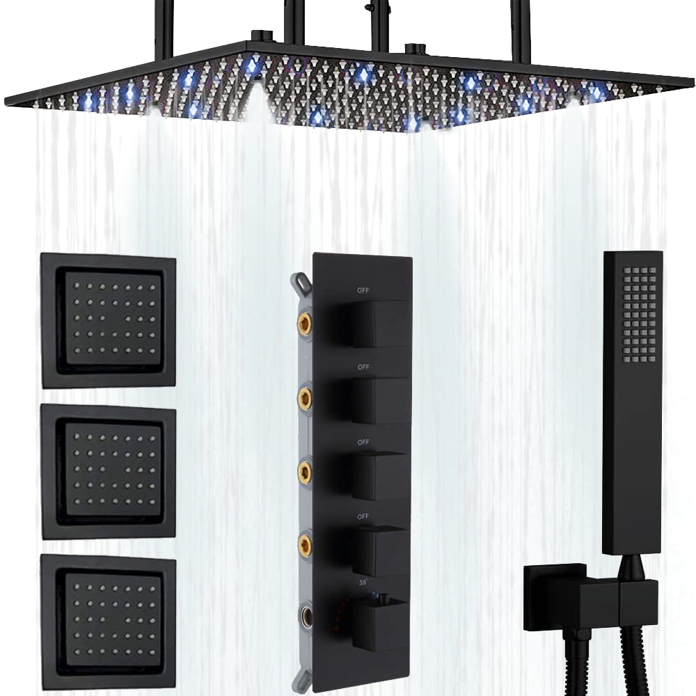Photo 1 of AYIVG Matte Black Rain Shower System LED 16 Inch Thermostatic Overhead Shower System with 3PCS Body Spray Jets Set Can Be Used At The Same Time