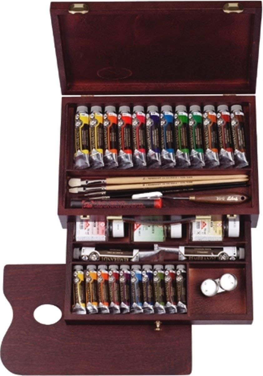 Professional Oil Paint Set in Luxury Wooden Box Master | 24 Colours + Brushes & Accessories