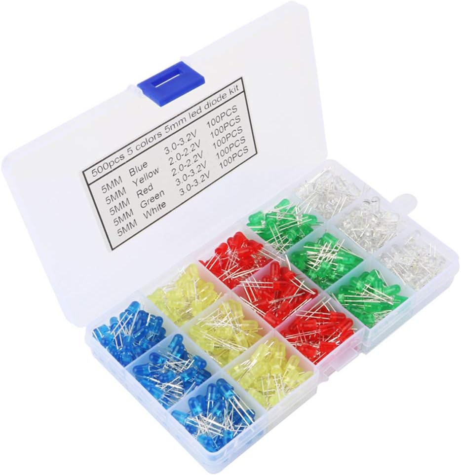 GTIWUNG 500Pcs 5mm Led Diodes, Light Emitting Diode, Diodes Resistor Kit, Diffused 2pin Round Head Light Emitting Diodes Assorted Color White/Red/Yellow/Green/Blue Kit Box