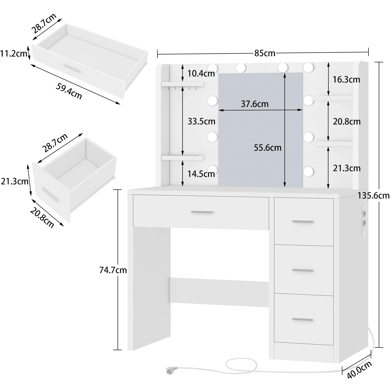 TEENFON Toeletta Trucco con Specchio, 3 con Luminosità Regolabile, Postazione Trucco con 4 Ripiani Apert, Bianco,Presa, 4 Cassetti, 5 Ganci per Gioielli