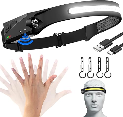 BOGRAND Linterna frontal LED recargable lámpara de cabeza de haz ancho de 230 con sensor de movimiento luz de cabeza brillante de 1000 lúmenes para
