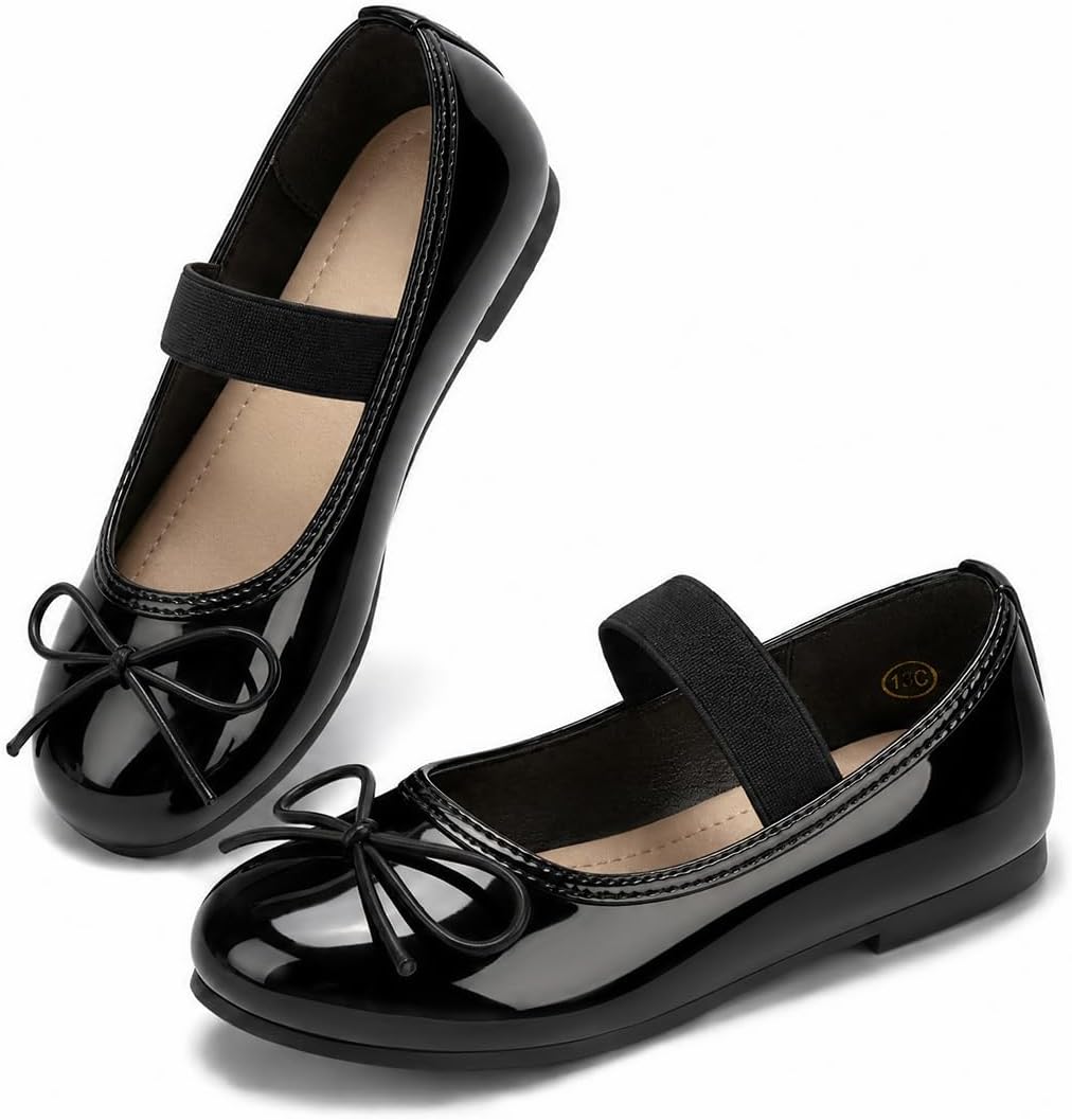 Haloumoning Girls Dress Shoes Bow Ballet Flats Elastic Strap Slip on Mary Jane Shoes Wedding Party Flats for Little/Big Kid