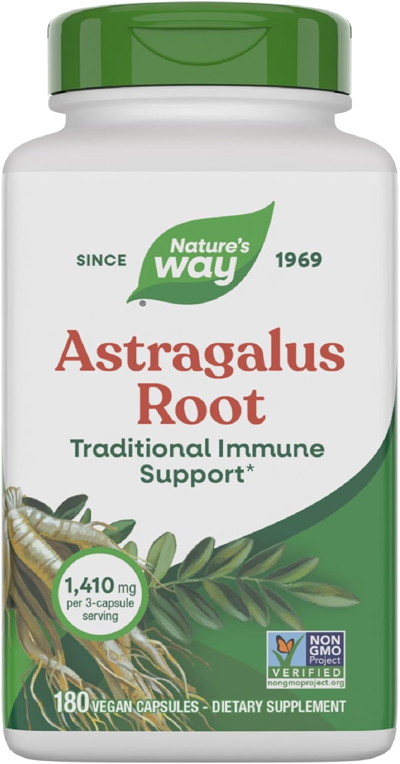 Nature’s Way Astragalus Root, Traditional Immune Support*, 1,410 mg per 3-Capsule Serving, Non-GMO Project Verified, Vegan 180 Capsules (Packaging May Vary)