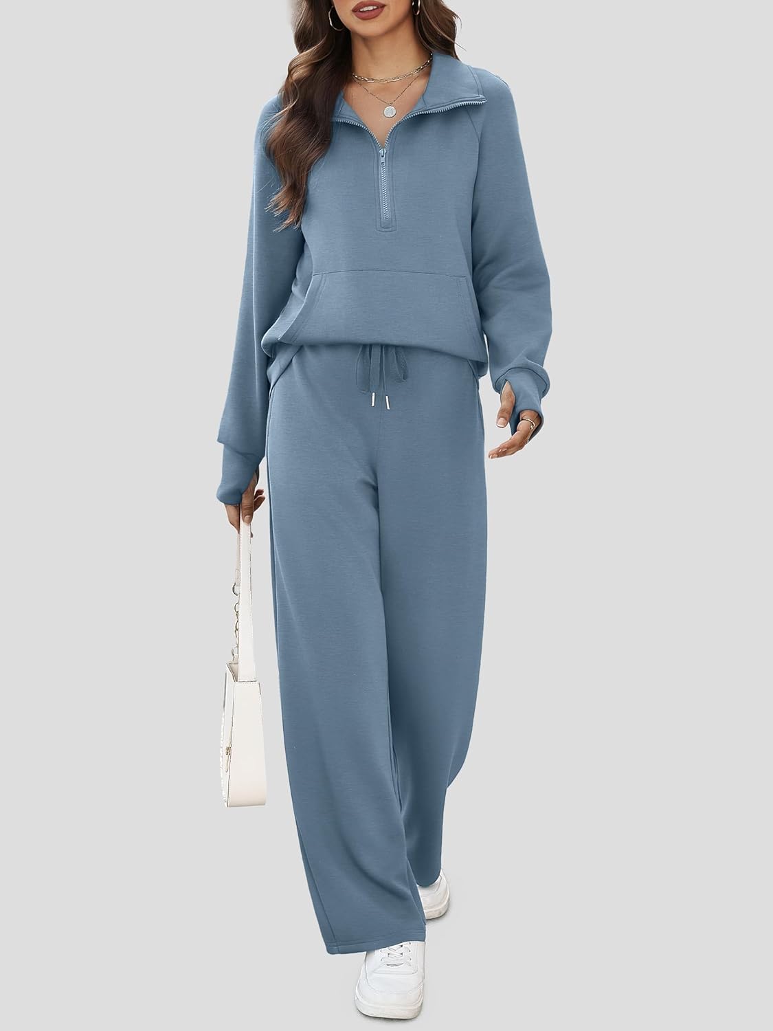 Casly Lamiit Women's 2 Piece Outfits Lounge Set 2025 Oversized Half Zip Sweatshirt Wide Leg Sweatpant Set Sweatsuit Tracksuit - Image 2