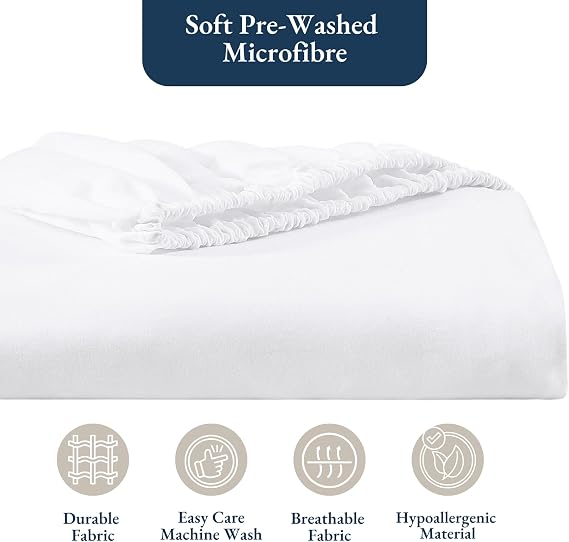 Fitted Sheet Double, White - Pre-Washed, Deep Pocket 14 inch (35 cm) - Easy Care - Soft Brushed Microfibre Fabric - Shrinkage and Fade Resistant - Bottom Sheet