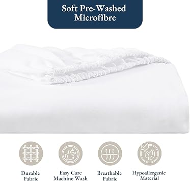 Fitted Sheet Double, White - Pre-Washed, Deep Pocket 14 inch (35 cm) - Easy Care - Soft Brushed Microfibre Fabric - Shrinkage and Fade Resistant - Bottom Sheet