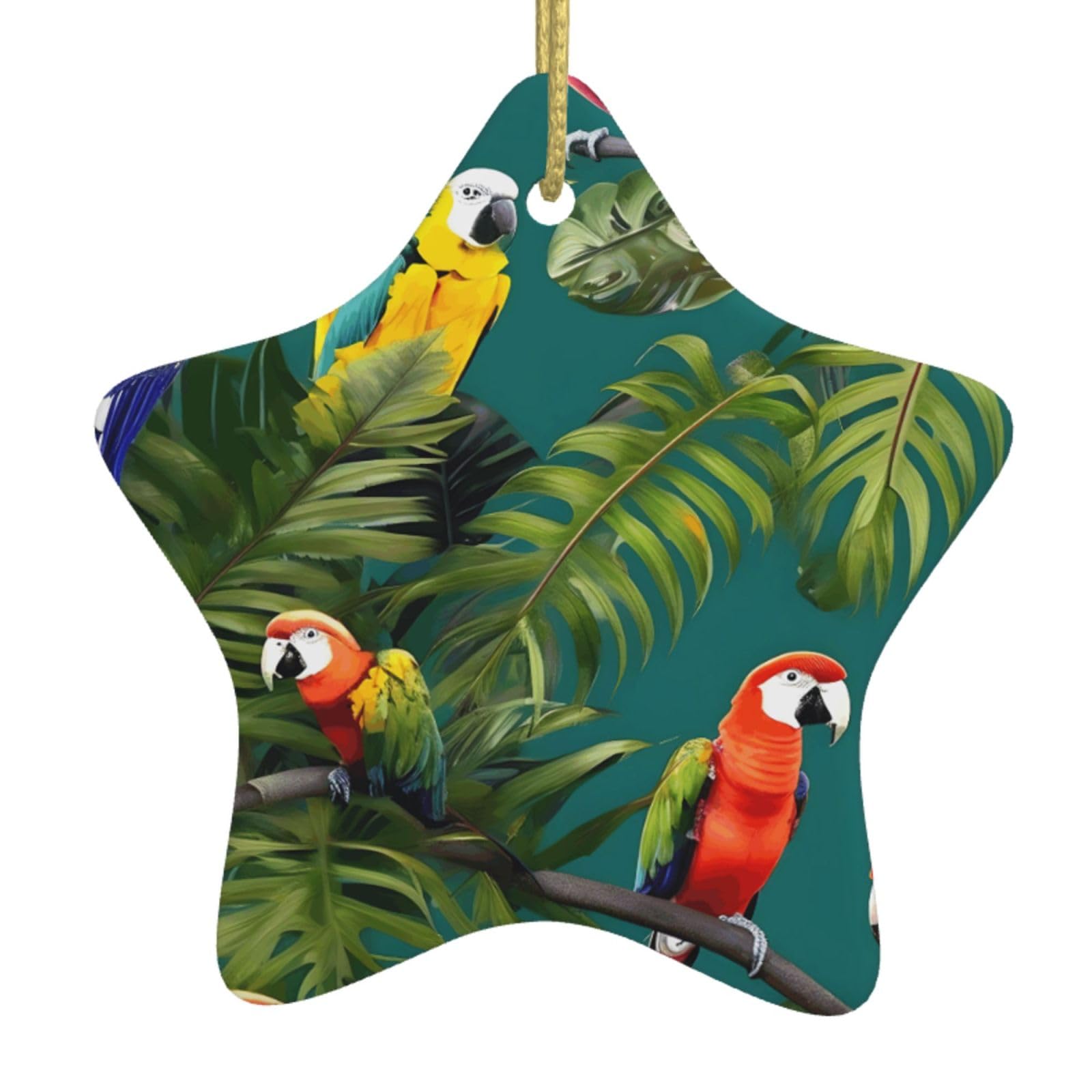 Nbtghga White Tropical Plants And Parrots Print Christmas Ornaments, Ceramic Hanging Ornament, Round Shape Decorations