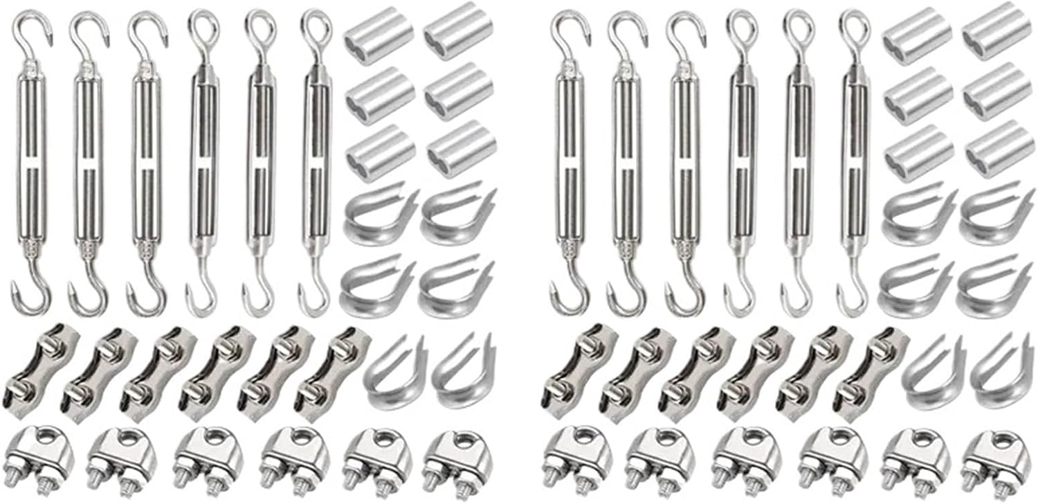 Shade Sail Hardware Kit 60pcs Turnbuckle M5 Wire Tensioner Set with Rope Clamp Thimbles Press for Tightening