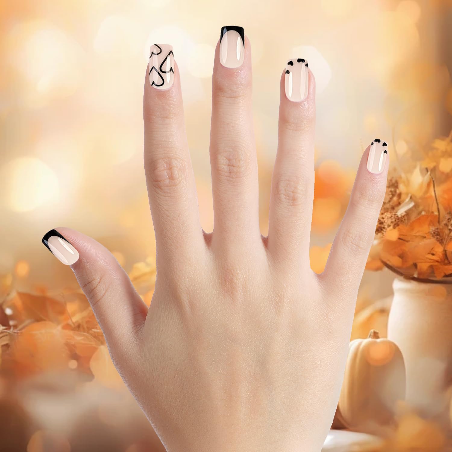 24 sztuki French Tip Press on Nails krótkie kwadratowe sztuczne paznokcie krótkie, czarne, akrylowe paznokcie z białym sercem, do naklejania, Fake Nails Soft Gel Extra Short naturalne i przyjemne