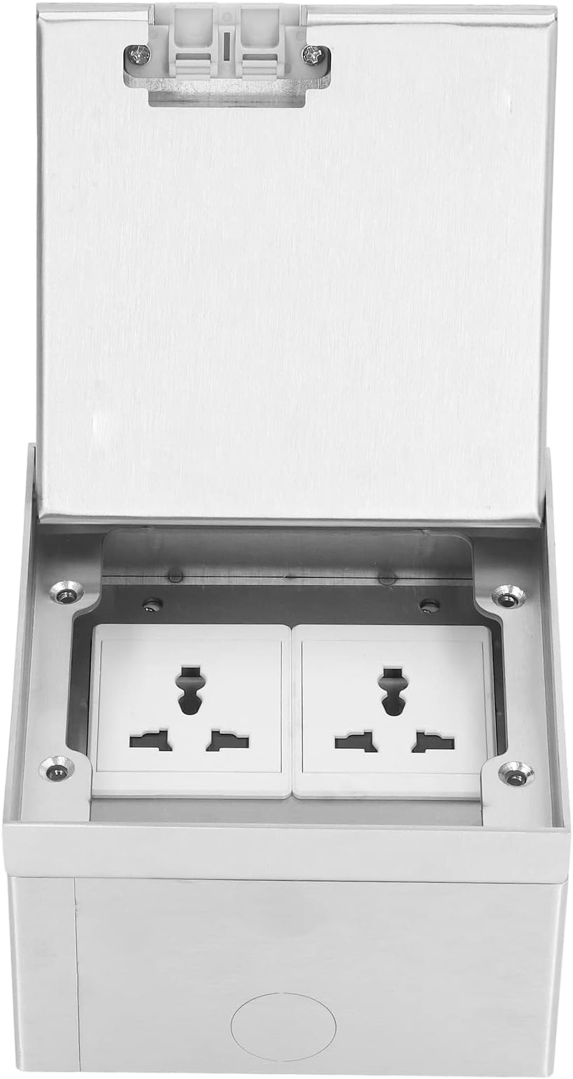 DAUB Floor Box Kit, 13A AC250V 2 Universal Outlets Stainless Steel Recessed Floor Outlet Floor Receptacles, Floor Outlet Box with Junction Box and Box Cover for Home, Offices, Hotels