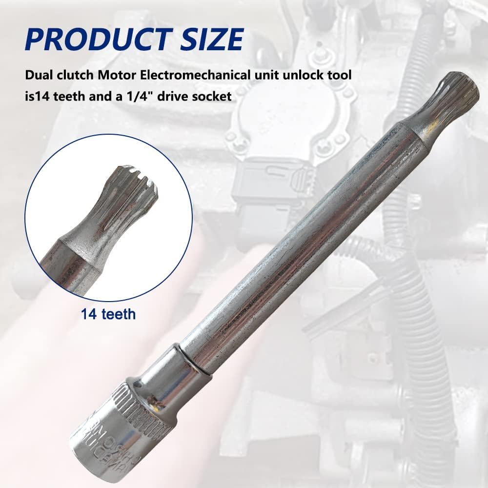 Dual clutch Motor Electromechanical unit unlock tool is14 teeth and a 1/4" drive socket.Compatible with Ford DSG 6-speed dual clutch DPS6-transmission Car Motors Transmission Alignment Removal Tools