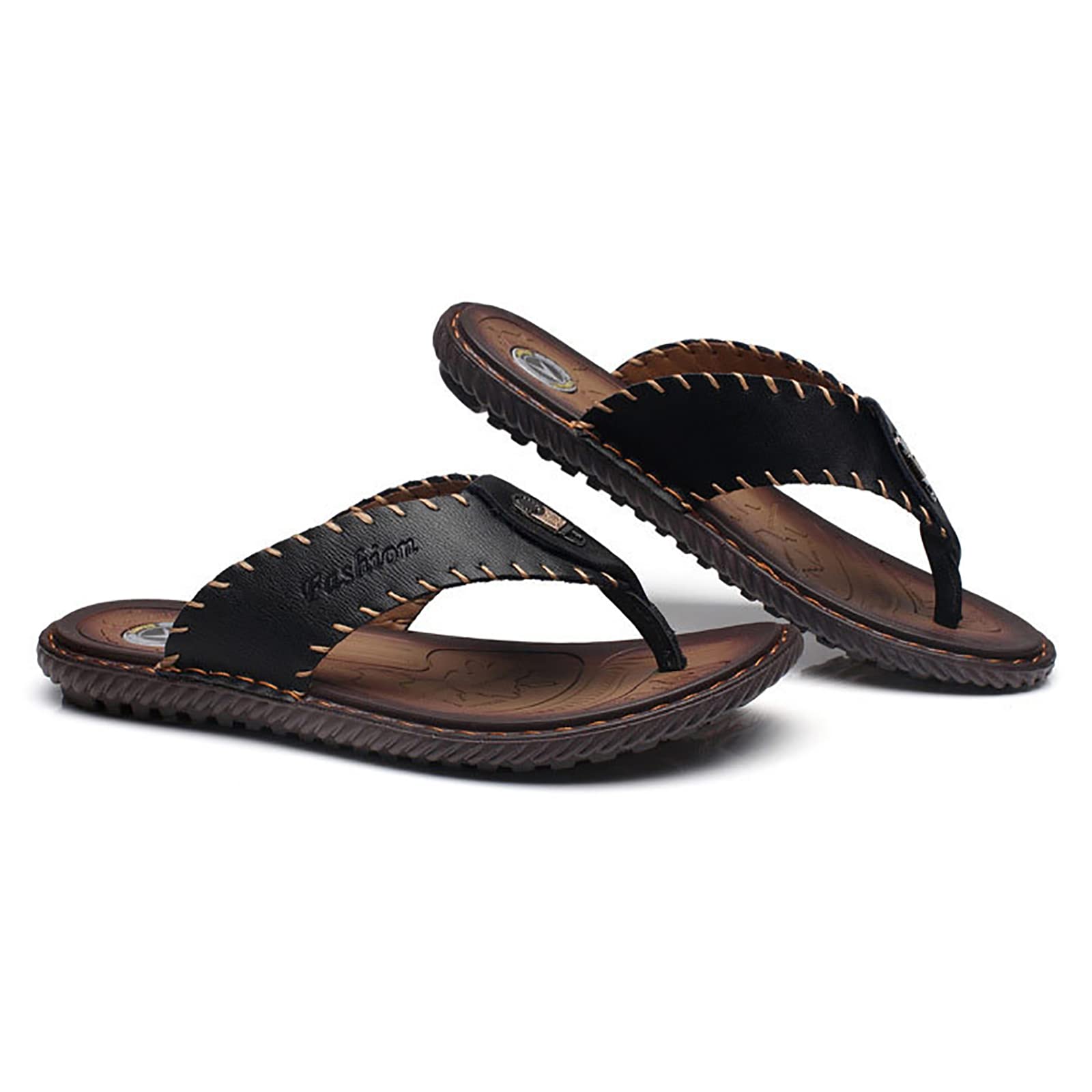 Herren Flip Flops Leder Zehentrenner mit Arch Support Sandalen Weich Badelatschen Sommer rutschfest Hausschuhe(Size:40 EU,Color:Schwarz)