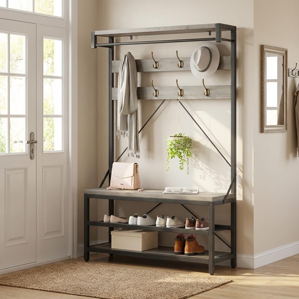 39.9" Industrial Hall Tree Coat Rack, with Bench & Shoe Storage, Entryway Organizer with 8 Sturdy Hooks & Hanging Bar, Large Shoe Rack with Storage Shelf, Steel Frame, Farmhouse Wood Look Accent, Grey