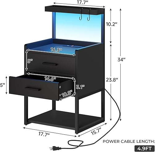 Miniatura 2 de VIAGDO Juego de 2 mesitas de noche con estación de carga, mesita de noche LED con 2 cajones, mesas de noche modernas negras con estantes de