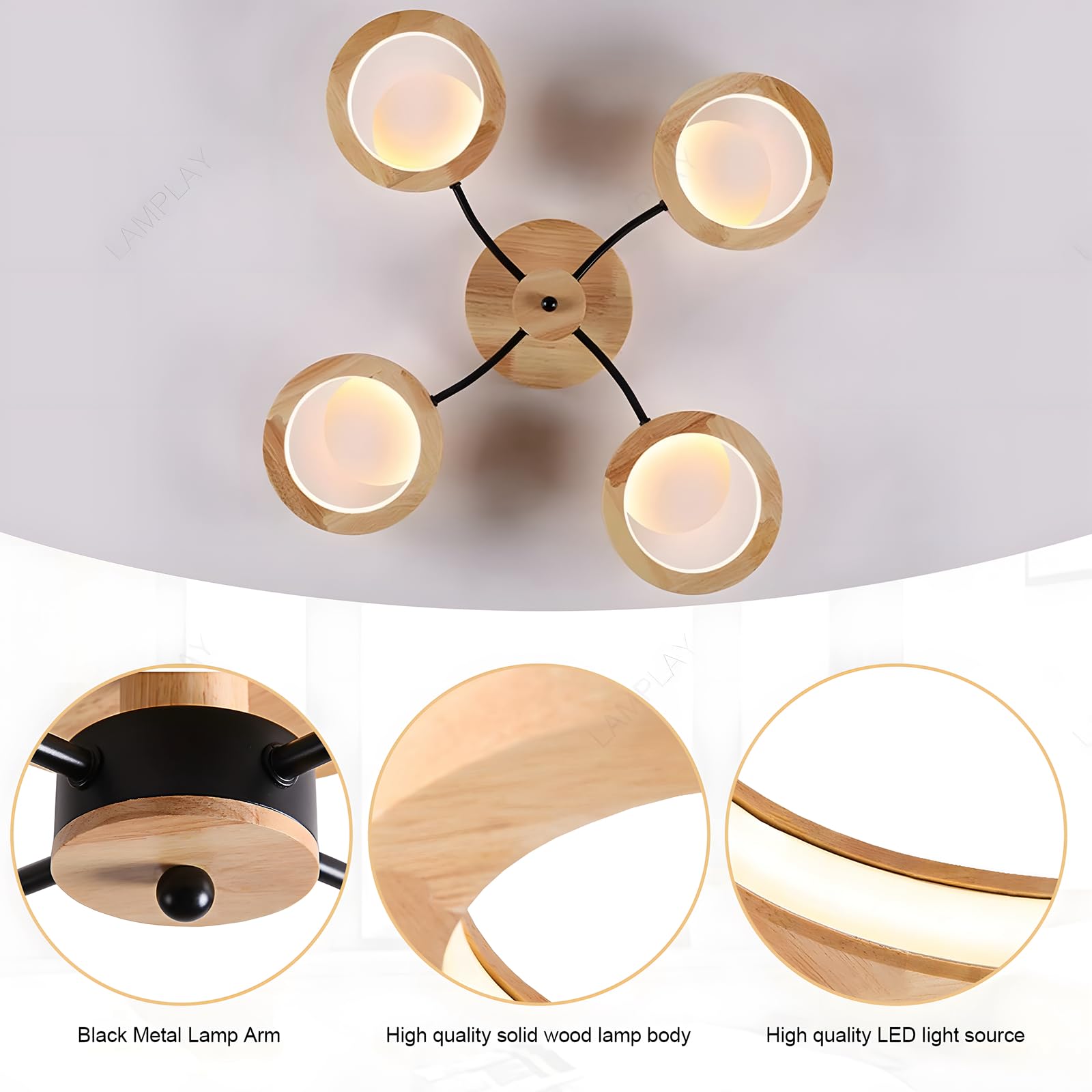 Moderne LED-Deckenleuchte, Ø74cm Kronleuchter Dimmbar Mit Fernbedienung 3000K-6000K, Schwarzer Arm + 4 Holzringe, Metallkreis-Lampenschirm, Wohnzimmer Schlafzimmer Esszimmer Arbeitszimmer Büro