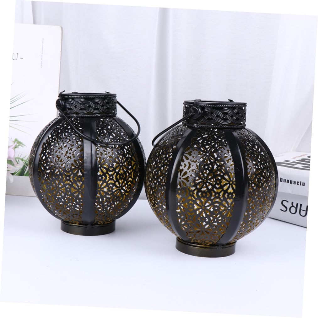 2pcs Led Solar Lanterns Decorative Hanging Lights Hollow Iron Garden Lamps with Warm Glow Weather Resistant for Outdoor Patio Porch and Landscape Decor Light Brown