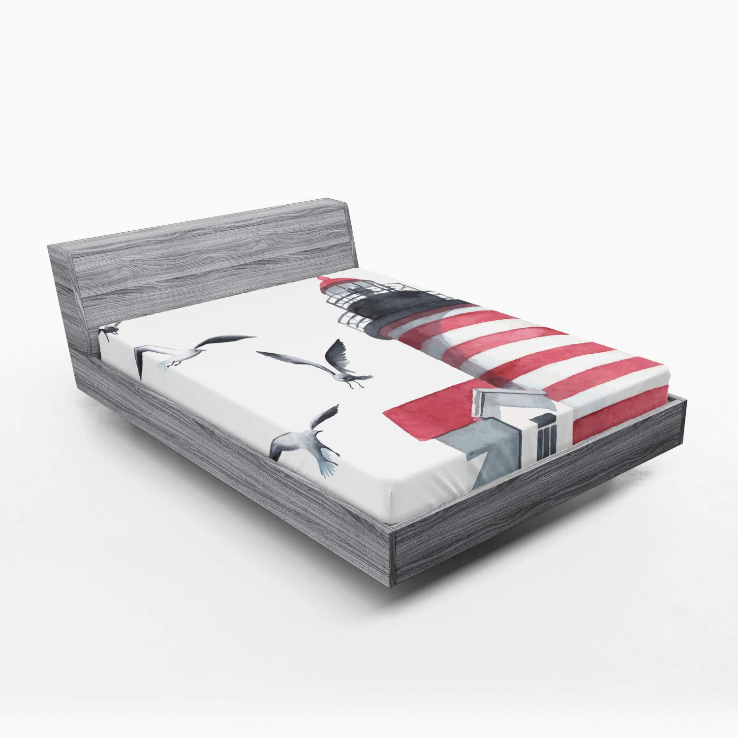 Ambesonne Lighthouse Fitted Sheet, Lighthouse and Seagulls on The Beach Navigational Aid Seaside Waterways Art, Soft Decorative Fabric Bedding