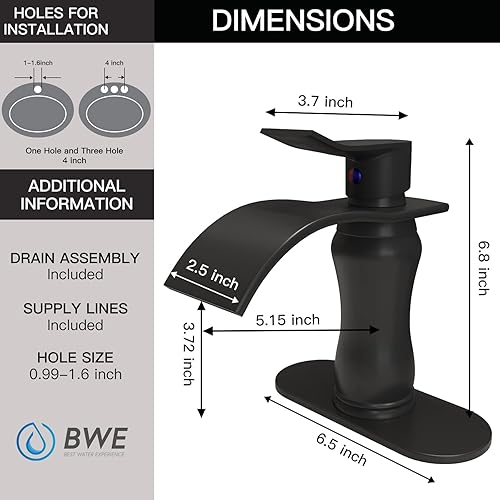 Miniatura 8 de BWE Grifo de baño negro cascada para fregadero, 1 agujero, mango único con tapón de drenaje desplegable y mangueras de suministro, piezas de granja,