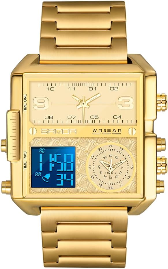 Men Square Large Square Face Digital Sports Watch Multifunction LED Analog Quartz Wrist Watch with Multi-Time Zone Waterproof Stopwatch