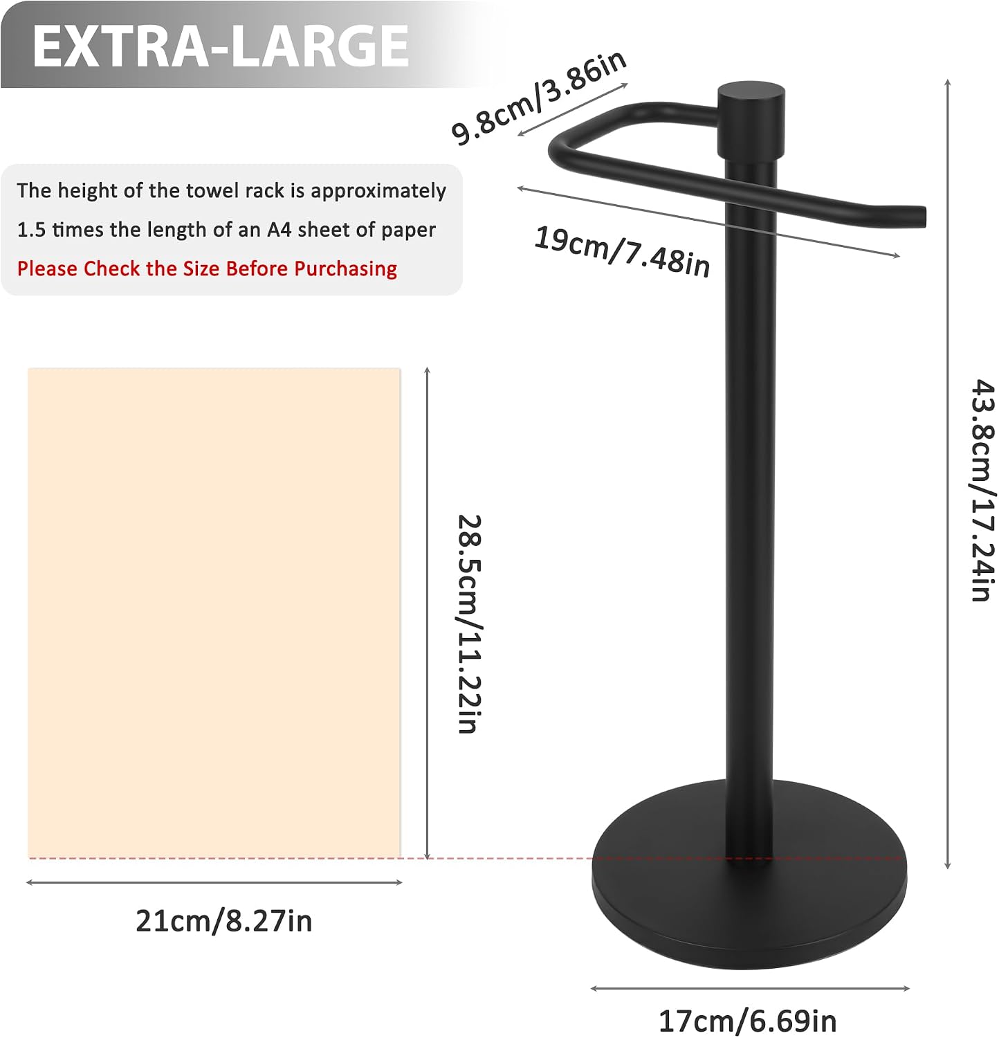 Kawlity Extra Large Free-Standing Hand Towel Holder Stand Towel Rack for Bathroom Kitchen Stable Stainless Steel Waterproof with Matte Black Finish Vanity Countertop Organizer, Black image 2