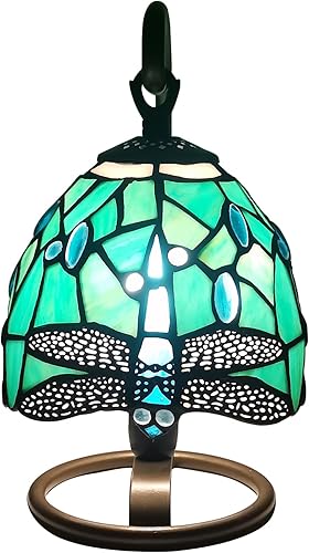Miniatura 8 de Tiffany Lámpara de mesa Luz de noche W6* H10 pulgadas de estilo libélula verde Pantalla de vidrieras en línea Interruptor de botón