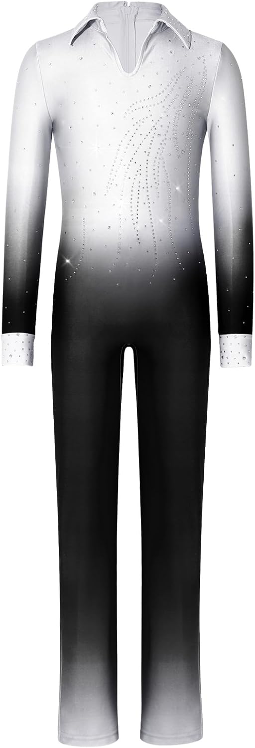 Boys Sparkle Gradient Figure Skating Jumpsuit Long Sleeve Collared Back Zip Gymnastics Lyrical Dance Leotards