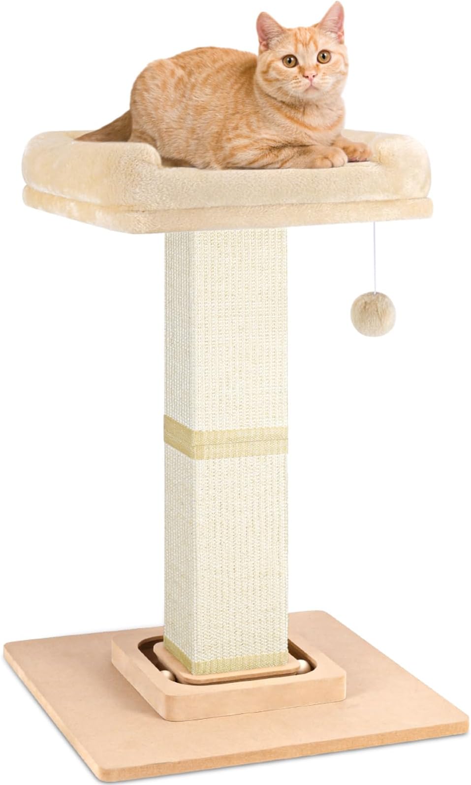 Cat Scratching Post,Heavy Duty and Thicker Cat Scratching Posts, Featuring with Super Cozy Perch, Tall Scratch Post with Tracking Interactive Toys Vertical and Interactive Dangling Ball, Beige