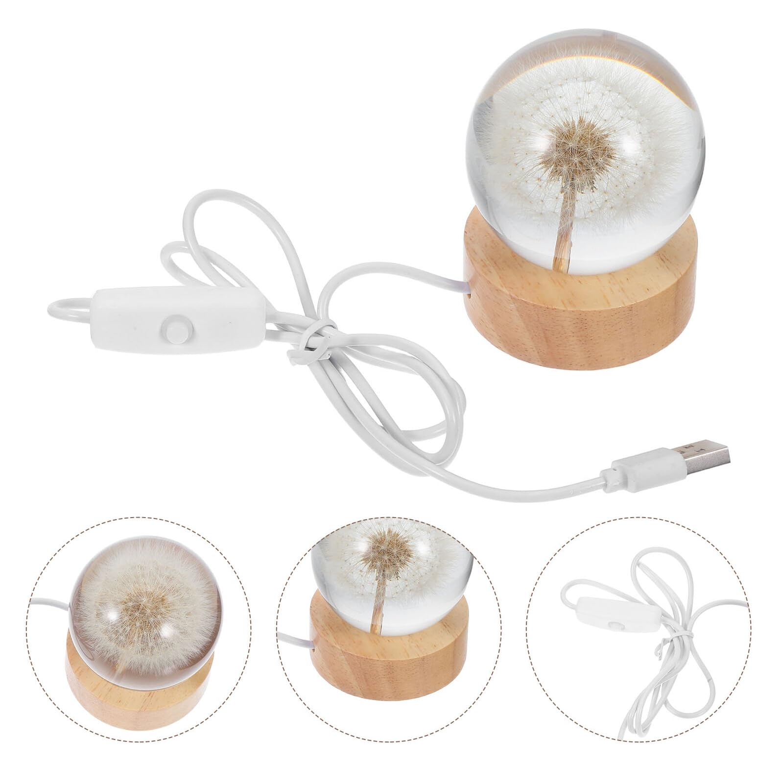 SHINEOFI Lampada da Tavolo in Cristallo 3d a Sfera con Incisione Tarassaco, Luce Notturna Decorativa USB con Base in Legno Massello, Globo Luminoso per Atmosfera Calda e Regalo Elegante