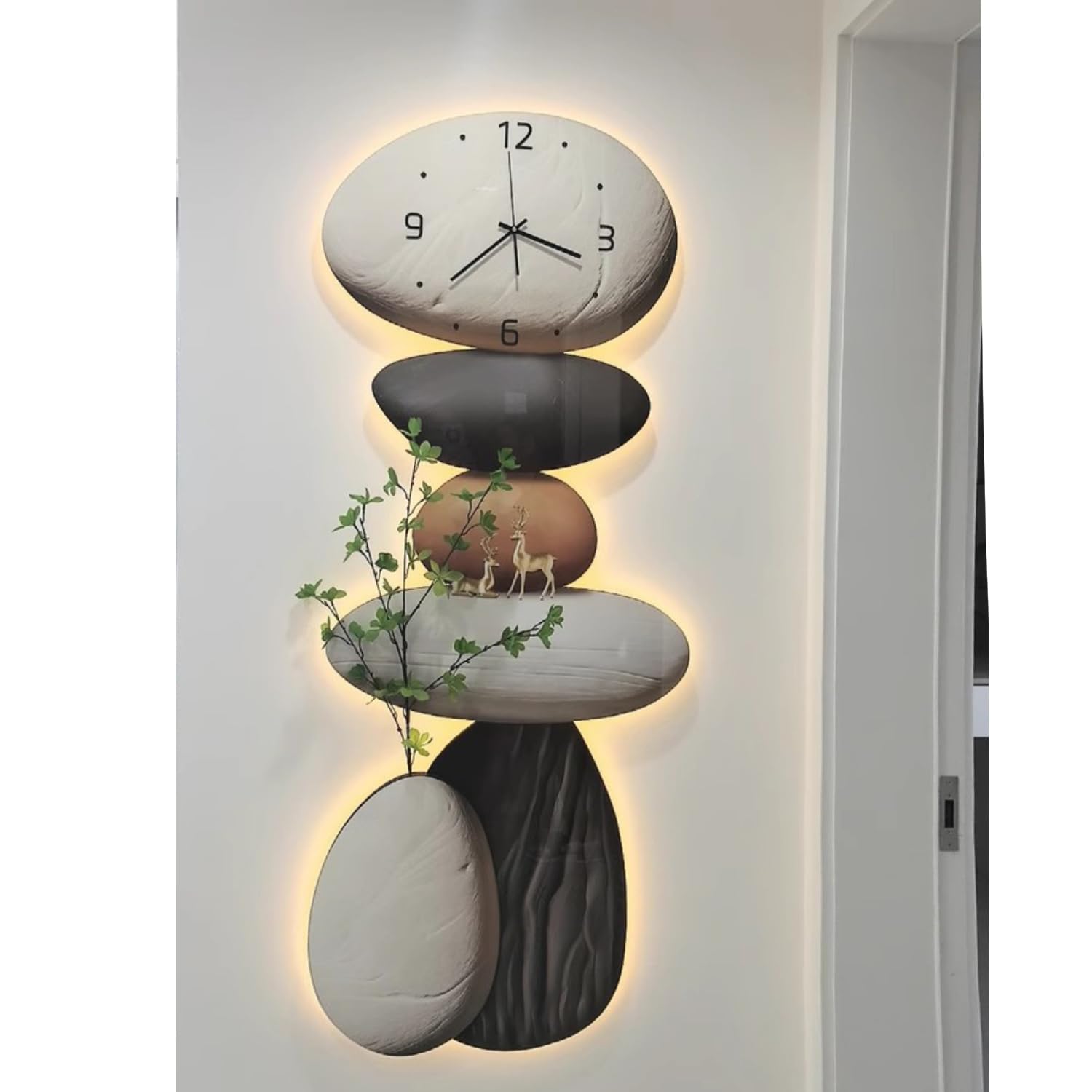 Malarstwo ścienne 3D Rzeźba wisząca na ścianie ， Duży zegar ścienny do salonu, kreatywny zegar ścienny 3D z kamienia z oświetleniem LED, nietykający cichy zegar ścienny dekoracyjny(A,50 * 120cm)