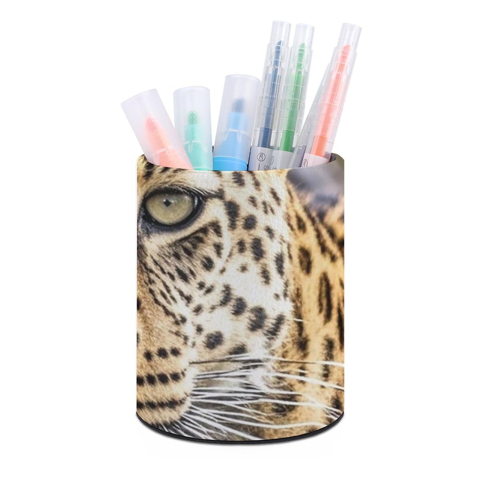 FekiLoot PU Leather Round Pen Holder African Animal Leopard Pencil Holder Desk Organizer Pen Organizer Pen Cup Pencil Cup Caddy Desktop Stationery Organizers for Office Home Supplies