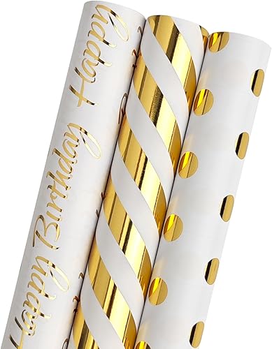 Miniatura 1 de LDGOOAEL Mini rollo corto de papel de regalo de cumpleaños con líneas de corte en el reverso, lámina dorada con rayas, puntos y letras de feliz