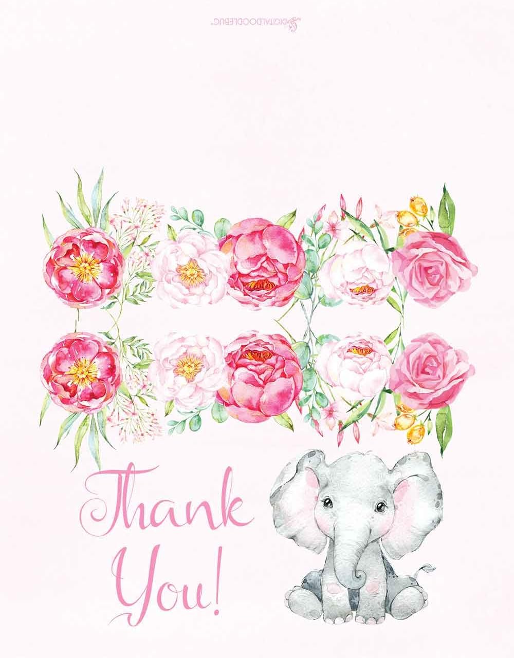 Digitaldoodlebug 50 Pink Baby Shower Thank You Cards Girl Elephant Flowers w/Envelopes 4.25x5.5