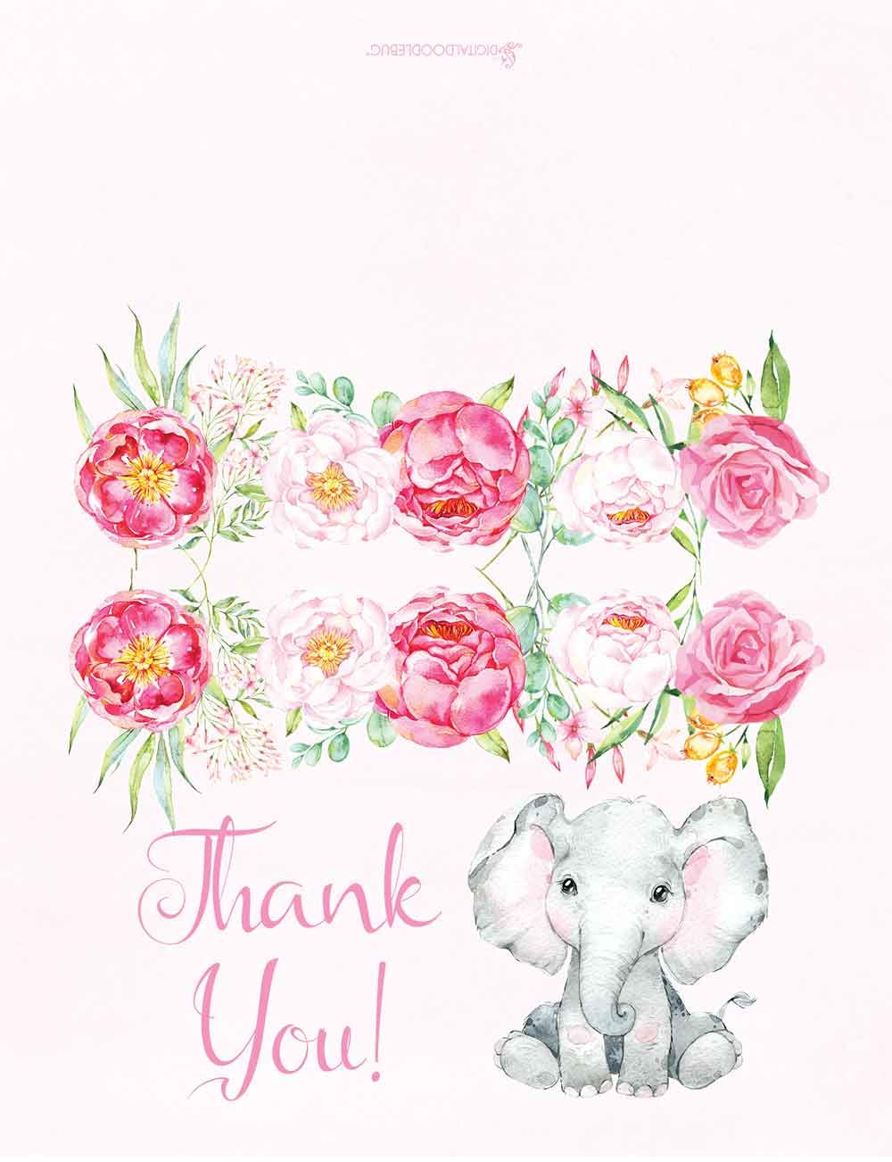Digitaldoodlebug 50 Pink Baby Shower Thank You Cards Girl Elephant Flowers w/Envelopes 4.25x5.5