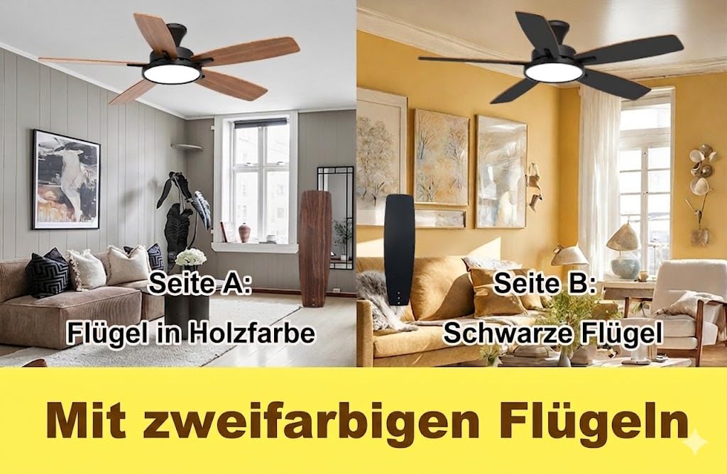 Deckenventilator mit LED-Licht 132 cm, Gleichstrommotor,drei Farbarten und dimmbarem Licht, schwarzes Finish, Fernbedienung für Schlafzimmer,leiser DC-Motor,6 Geschwindigkeiten,Wohnzimmer,Büro