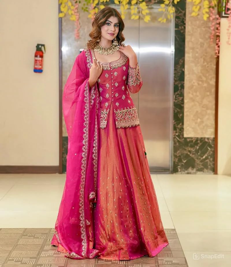 Image of Suppar Sleave Women's Chanderi Silk Embroidered Kurta Set with Lehenga Style Bottom & Dupatta | Bollywood Style Embroidery lehenga Choli Set For Woman