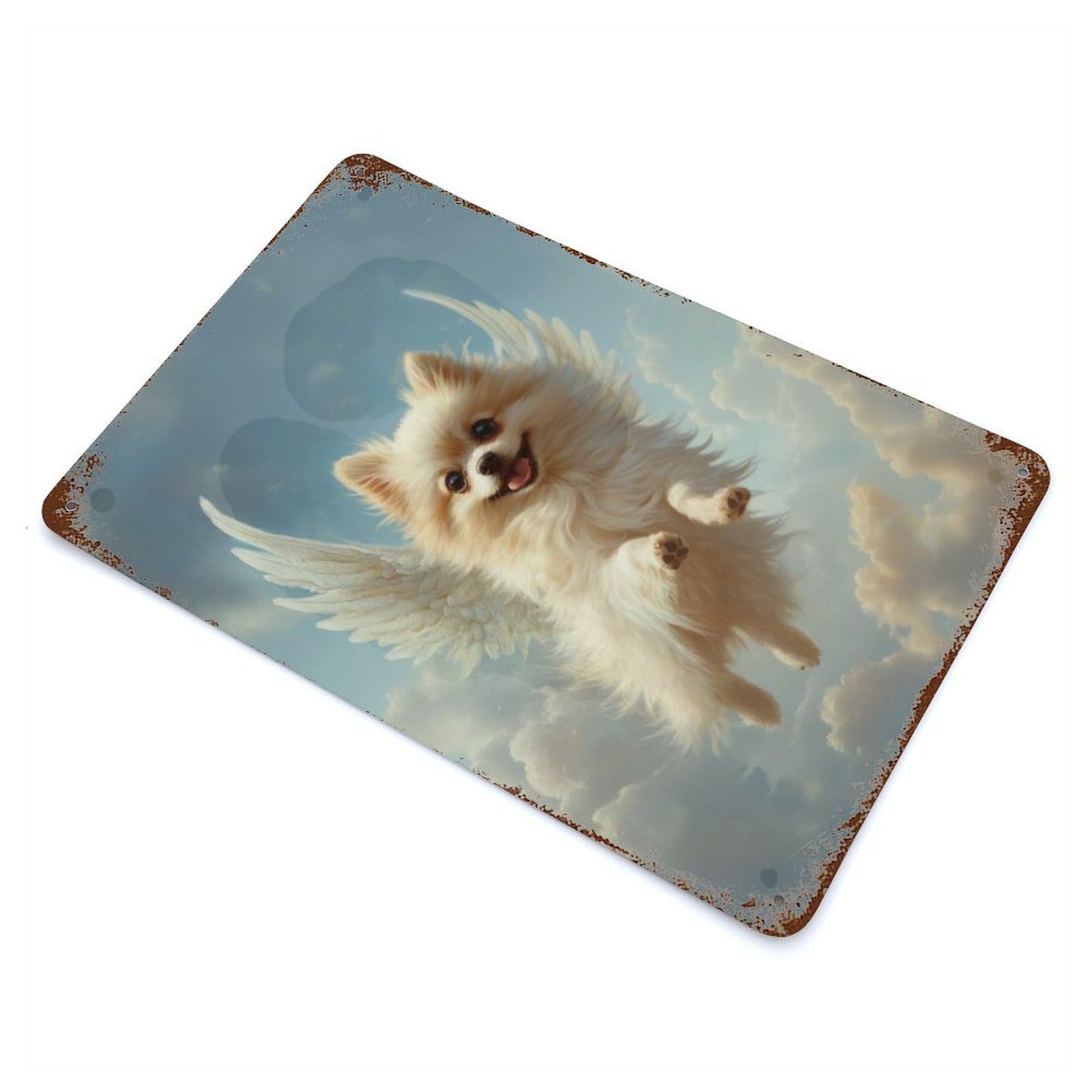 Garage Style Pomeranian with Angel Wings Small Dog Tribute Angel Dog Rustic Tin Plaque 11.8"x7.9", Classic Wall Plaque for Bar And Workshop