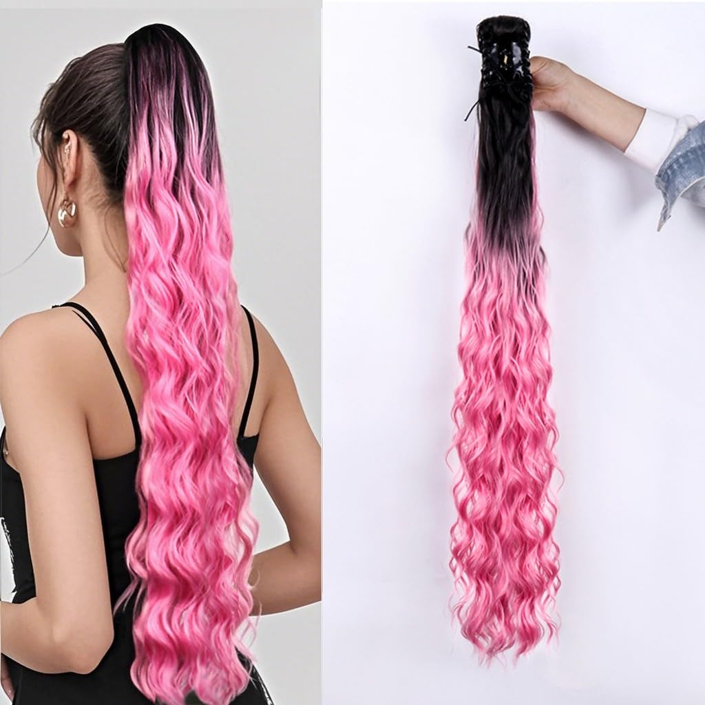 Super Long 80cm Thick Ponytail Extension Synthetic Loose Wavy Claw Clip in High Ponytail for Women Seamless Fake Full Pony Tail Hairpiece (Black/Pink)