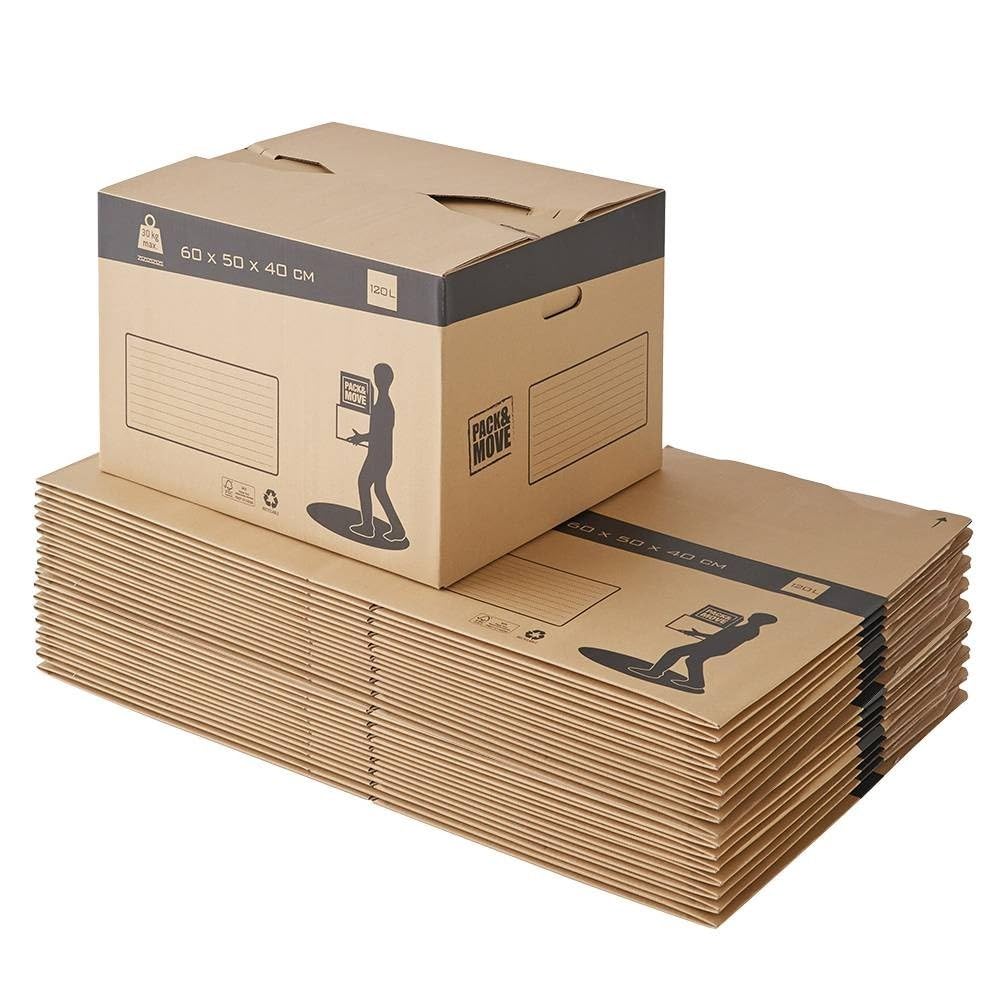 Pack de cajas de cartón para mudanza con fondo automático - 60x50x40cm - Charge max 30KG / 120L - certificados FSC 70% - Pack and Move (20)