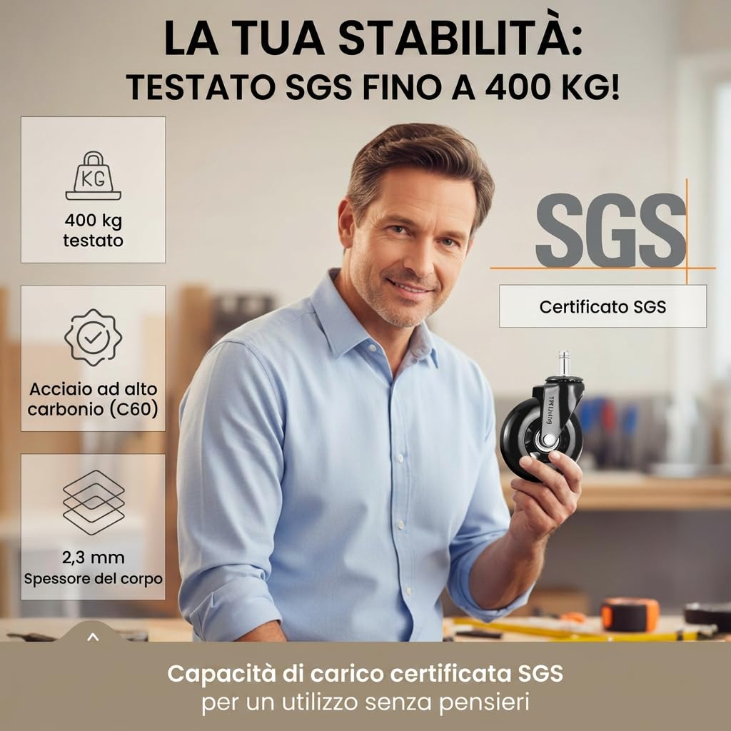 Set premium da ruote sedia ufficio 11 mm x 22 mm – Certificato SGS fino a 400 kg (900 lbs) – Ruote durevoli, silenziose e delicate sui pavimenti – Rotelle per mobili facili da montare