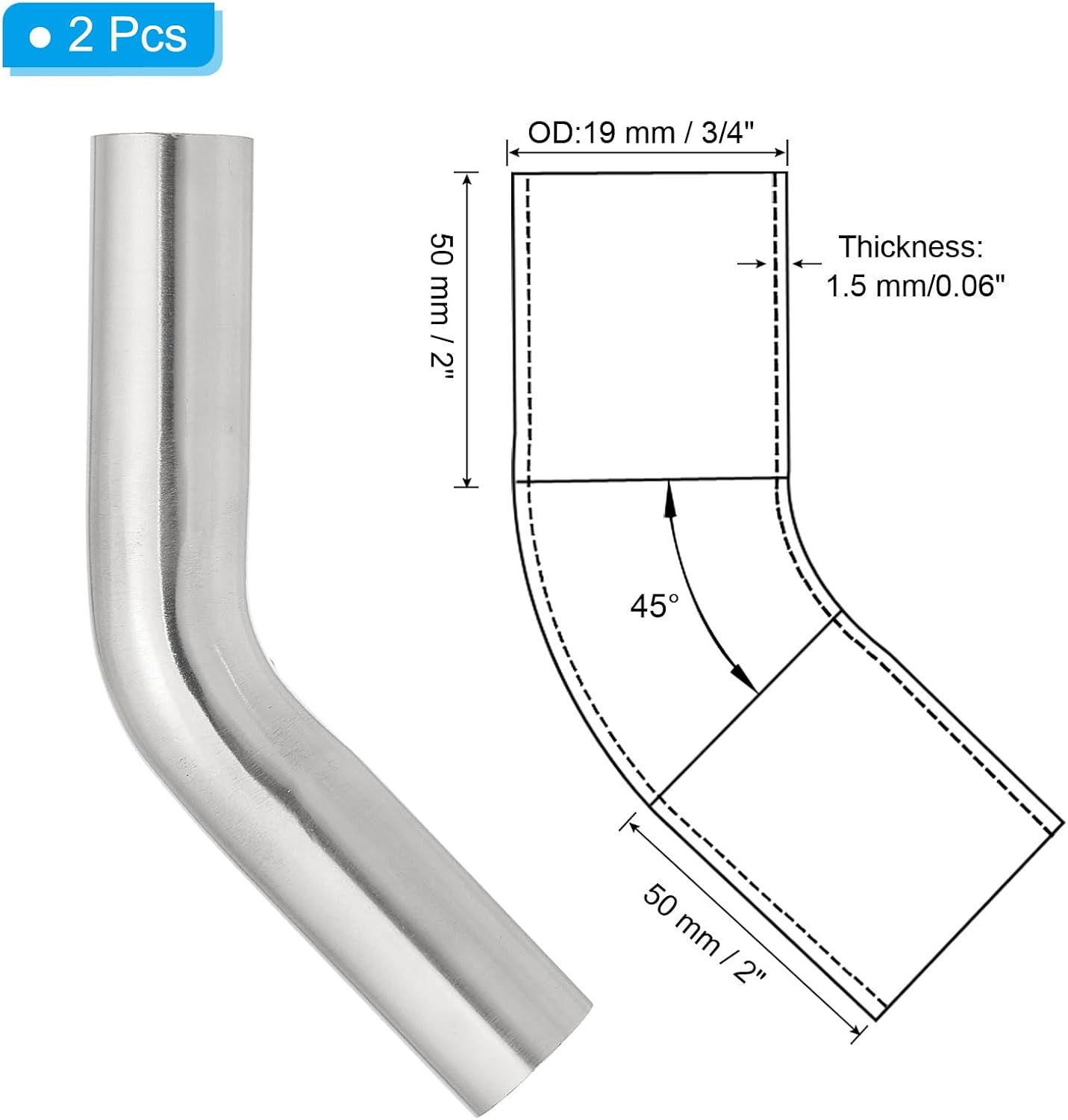 PATIKIL 45 Degree Bend Elbow, 3/4inch OD Sanitary Exhaust Pipe Elbow Intercooler Pipe Mandrel Elbow Connector Tube for Welding Brewery Equipment HVAC Stair Handrail, 2 Pcs